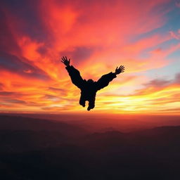 A dramatic scene of a man with wings plummeting toward the ground, silhouetted against a vibrant sunset