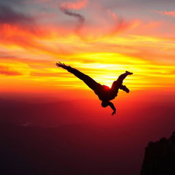 A dramatic scene of a man with wings plummeting toward the ground, silhouetted against a vibrant sunset