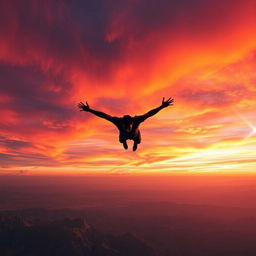 A dramatic scene of a man with wings plummeting toward the ground, silhouetted against a vibrant sunset