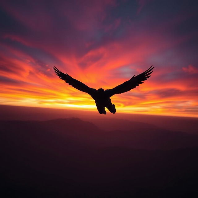 A dramatic scene of a man with wings plummeting toward the ground, silhouetted against a vibrant sunset