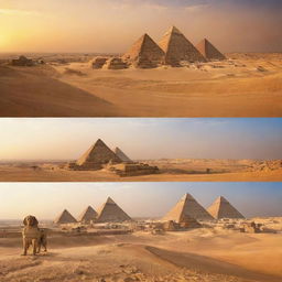 A panorama of the Old Egyptian civilization featuring majestic pharaohs, grand pyramids, and the sphinx under a golden desert sunset.