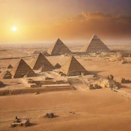 A panorama of the Old Egyptian civilization featuring majestic pharaohs, grand pyramids, and the sphinx under a golden desert sunset.