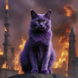 Presenting a world on fire and smoldering with destruction, ruled by armies of cats. At the center of it all, the one true king - the towering, monstrous, purple cat.