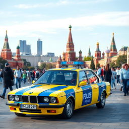 A striking yellow and blue striped Soviet police car, a BMW model, prominently parked at the center of Moscow