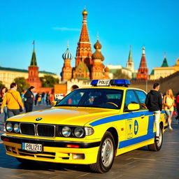 A striking yellow and blue striped Soviet police car, a BMW model, prominently parked at the center of Moscow