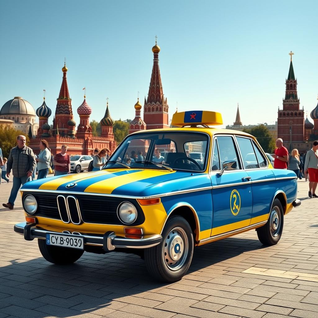 A striking yellow and blue striped Soviet police car, a BMW model, prominently parked at the center of Moscow