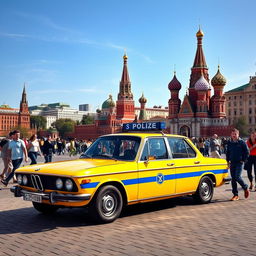 A striking yellow and blue striped Soviet police car, a BMW model, prominently parked at the center of Moscow