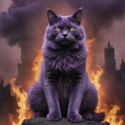 Presenting a world on fire and smoldering with destruction, ruled by armies of cats. At the center of it all, the one true king - the towering, monstrous, purple cat.