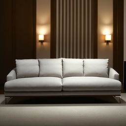 A comfortable and luxurious modern sofa, with high-quality fabric and cushioning- set in a well-lighted living room.