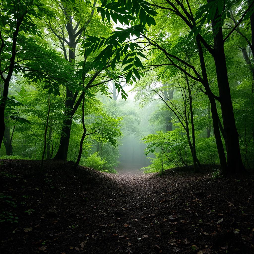 A serene landscape depicting a lush forest during a gentle rain, with vibrant green trees and foliage glistening with raindrops