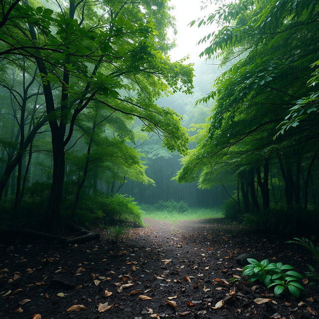 A serene landscape depicting a lush forest during a gentle rain, with vibrant green trees and foliage glistening with raindrops