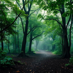 A serene landscape depicting a lush forest during a gentle rain, with vibrant green trees and foliage glistening with raindrops