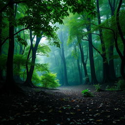 A serene landscape depicting a lush forest during a gentle rain, with vibrant green trees and foliage glistening with raindrops