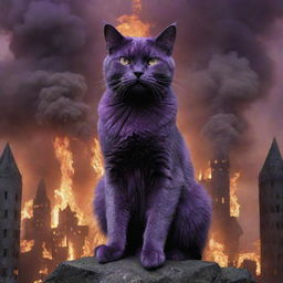 Presenting a world on fire and smoldering with destruction, ruled by armies of cats. At the center of it all, the one true king - the towering, monstrous, purple cat.