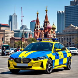 A modern yellow and blue striped Soviet police car, a sleek BMW model, prominently displayed at the center of Moscow