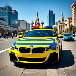 A modern yellow and blue striped Soviet police car, a sleek BMW model, prominently displayed at the center of Moscow