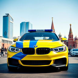 A modern yellow and blue striped Soviet police car, a sleek BMW model, prominently displayed at the center of Moscow