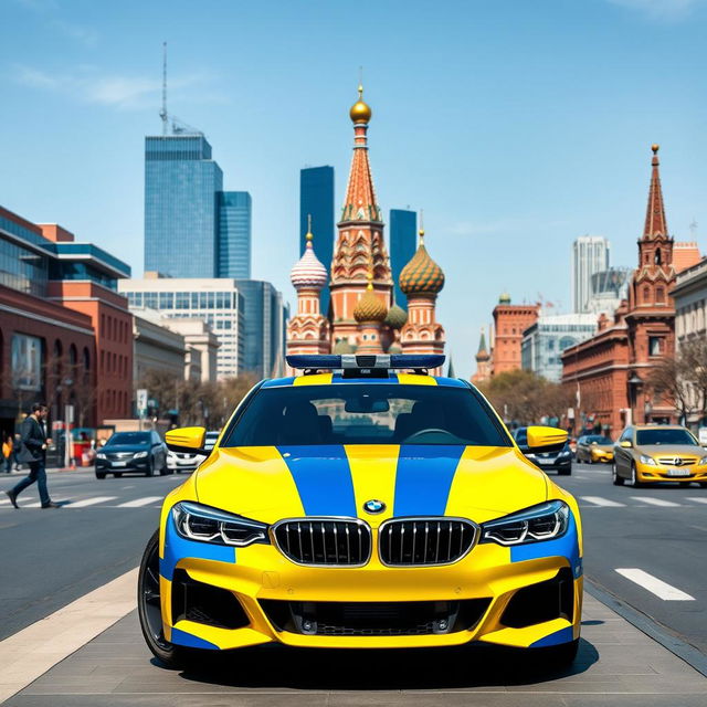 A modern yellow and blue striped Soviet police car, a sleek BMW model, prominently displayed at the center of Moscow