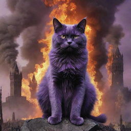 Presenting a world on fire and smoldering with destruction, ruled by armies of cats. At the center of it all, the one true king - the towering, monstrous, purple cat.