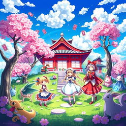 A vibrant and colorful scene inspired by the Touhou Project, featuring a group of well-known characters like Reimu Hakurei, Marisa Kirisame, and Sakuya Izayoi, set in a fantastical landscape filled with cherry blossom trees, traditional Japanese architecture, and mystical creatures