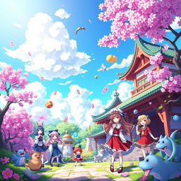 A vibrant and colorful scene inspired by the Touhou Project, featuring a group of well-known characters like Reimu Hakurei, Marisa Kirisame, and Sakuya Izayoi, set in a fantastical landscape filled with cherry blossom trees, traditional Japanese architecture, and mystical creatures