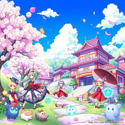 A vibrant and colorful scene inspired by the Touhou Project, featuring a group of well-known characters like Reimu Hakurei, Marisa Kirisame, and Sakuya Izayoi, set in a fantastical landscape filled with cherry blossom trees, traditional Japanese architecture, and mystical creatures