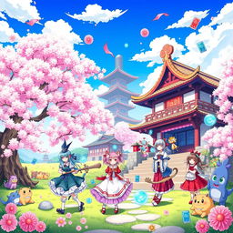 A vibrant and colorful scene inspired by the Touhou Project, featuring a group of well-known characters like Reimu Hakurei, Marisa Kirisame, and Sakuya Izayoi, set in a fantastical landscape filled with cherry blossom trees, traditional Japanese architecture, and mystical creatures