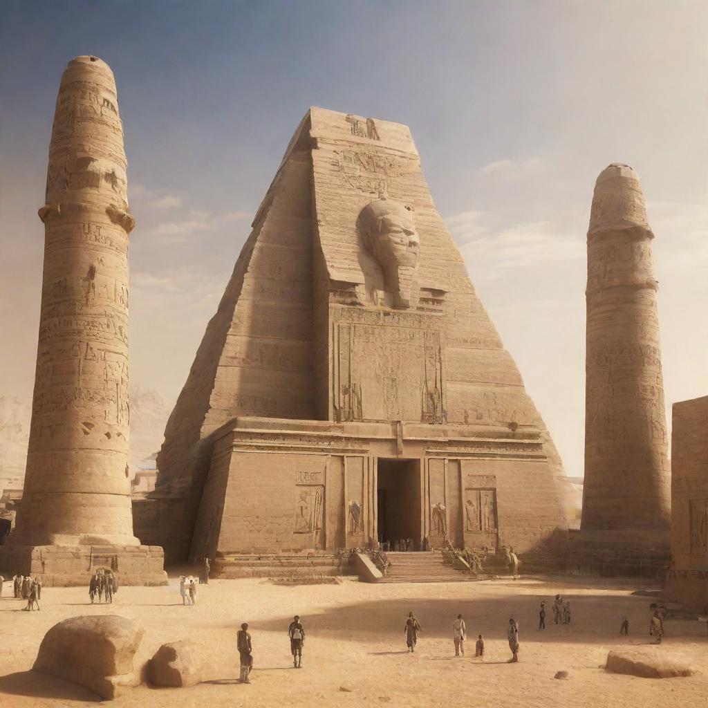 Futuristic interpretation of ancient Egyptian civilization in the year 2080. Showcase advanced technologies seamlessly blended with iconic Egyptian architecture and culture.