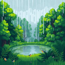 A vibrant pixel art landscape featuring a lush green forest during rainfall