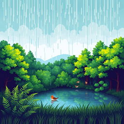 A vibrant pixel art landscape featuring a lush green forest during rainfall