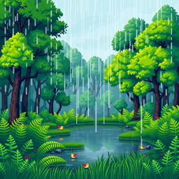 A vibrant pixel art landscape featuring a lush green forest during rainfall