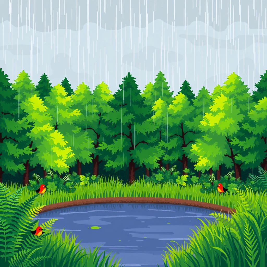 A vibrant pixel art landscape featuring a lush green forest during rainfall