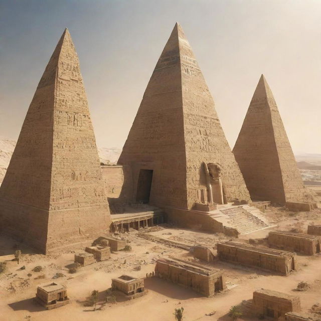 Futuristic interpretation of ancient Egyptian civilization in the year 2080. Showcase advanced technologies seamlessly blended with iconic Egyptian architecture and culture.