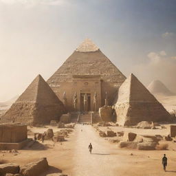 Futuristic interpretation of ancient Egyptian civilization in the year 2080. Showcase advanced technologies seamlessly blended with iconic Egyptian architecture and culture.