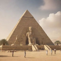 Futuristic interpretation of ancient Egyptian civilization in the year 2080. Showcase advanced technologies seamlessly blended with iconic Egyptian architecture and culture.