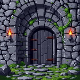 A pixel art representation of a stone dungeon entrance, crafted in a classic 8-bit style