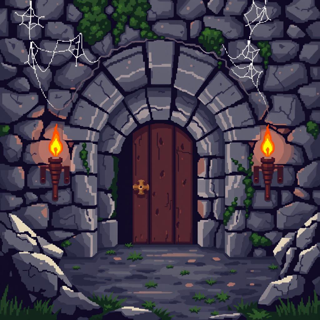 A pixel art representation of a stone dungeon entrance, crafted in a classic 8-bit style