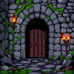 A pixel art representation of a stone dungeon entrance, crafted in a classic 8-bit style