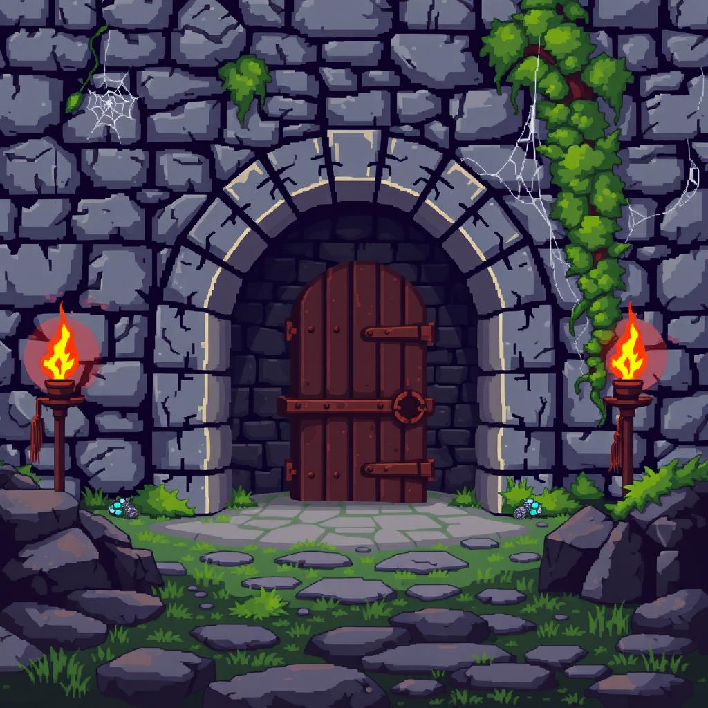 A pixel art representation of a stone dungeon entrance, crafted in a classic 8-bit style