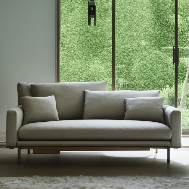 A comfortable and luxurious modern sofa, with high-quality fabric and cushioning- set in a well-lighted living room.