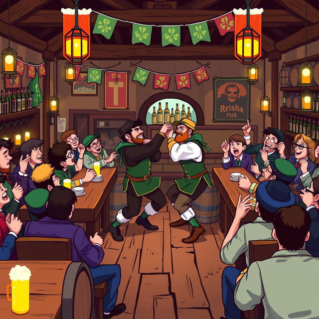 A lively pixel art scene set in an Irish pub, showcasing a playful depiction of men engaged in a friendly fight