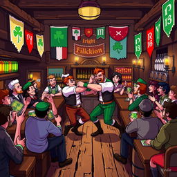 A lively pixel art scene set in an Irish pub, showcasing a playful depiction of men engaged in a friendly fight