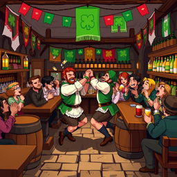 A lively pixel art scene set in an Irish pub, showcasing a playful depiction of men engaged in a friendly fight