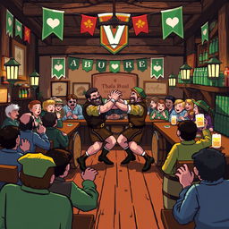 A lively pixel art scene set in an Irish pub, showcasing a playful depiction of men engaged in a friendly fight