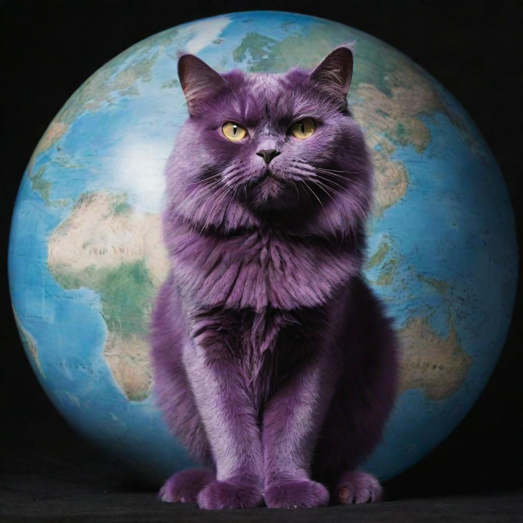 The monstrous purple cat further amplified to an unimaginable scale, larger than the globe itself, with the world and its feline-ruled territories seeming like a paw-sized plaything.