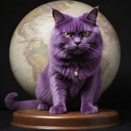 The monstrous purple cat further amplified to an unimaginable scale, larger than the globe itself, with the world and its feline-ruled territories seeming like a paw-sized plaything.