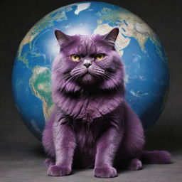 The monstrous purple cat further amplified to an unimaginable scale, larger than the globe itself, with the world and its feline-ruled territories seeming like a paw-sized plaything.