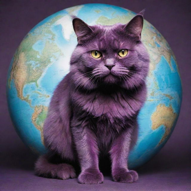 The monstrous purple cat further amplified to an unimaginable scale, larger than the globe itself, with the world and its feline-ruled territories seeming like a paw-sized plaything.