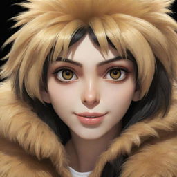 Anime style hybrid of a youthful human and an ape, with golden fur and deep black eyes. Looks mischievous yet kind.