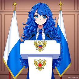 An anime-style illustration of a blue-haired girl with long, curly hair and striking blue eyes, showcasing large breasts